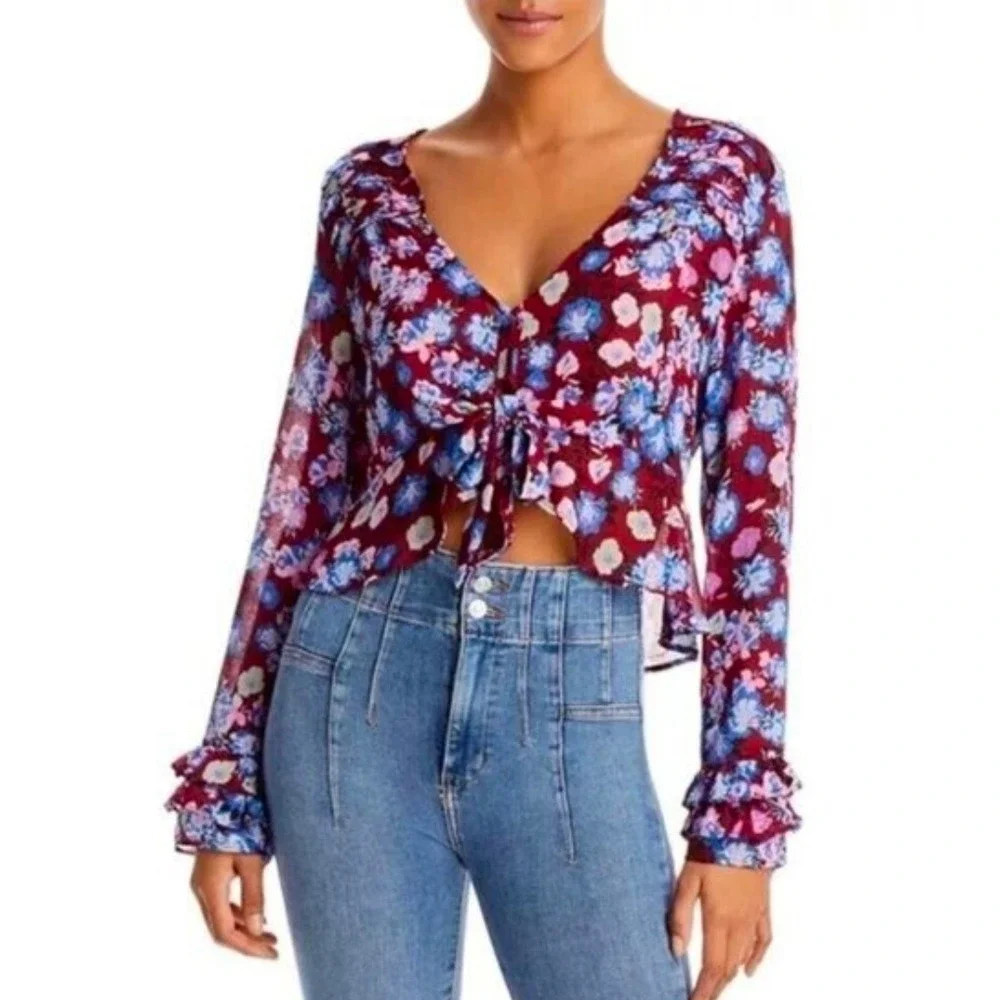 Free People Maybel Floral Print Tie Front Peplum Blouse Long Sleeve Ruffle Cuffs
